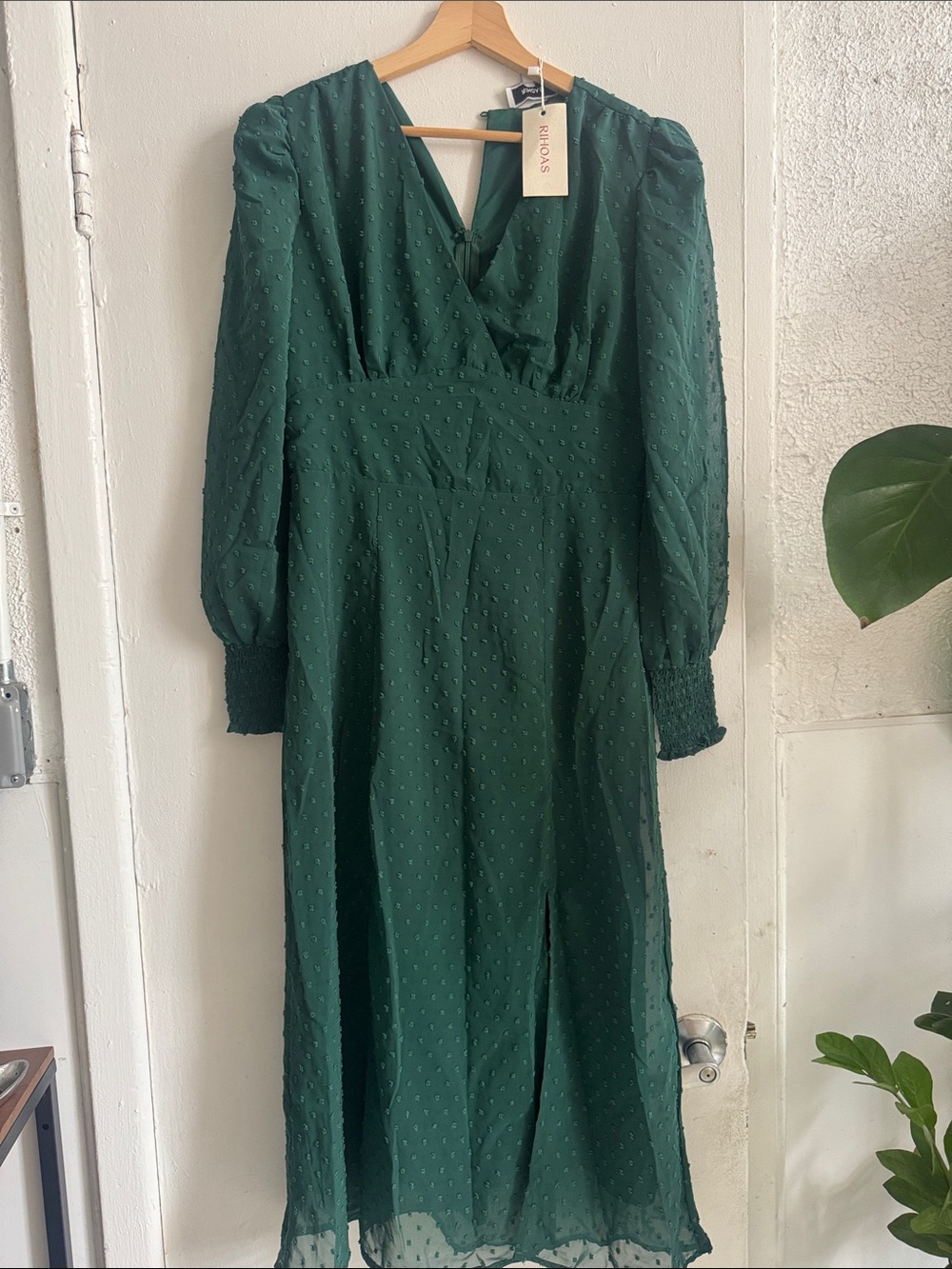 RIHOAS Emerald Green Long Sleeve Midi Dress Size Small